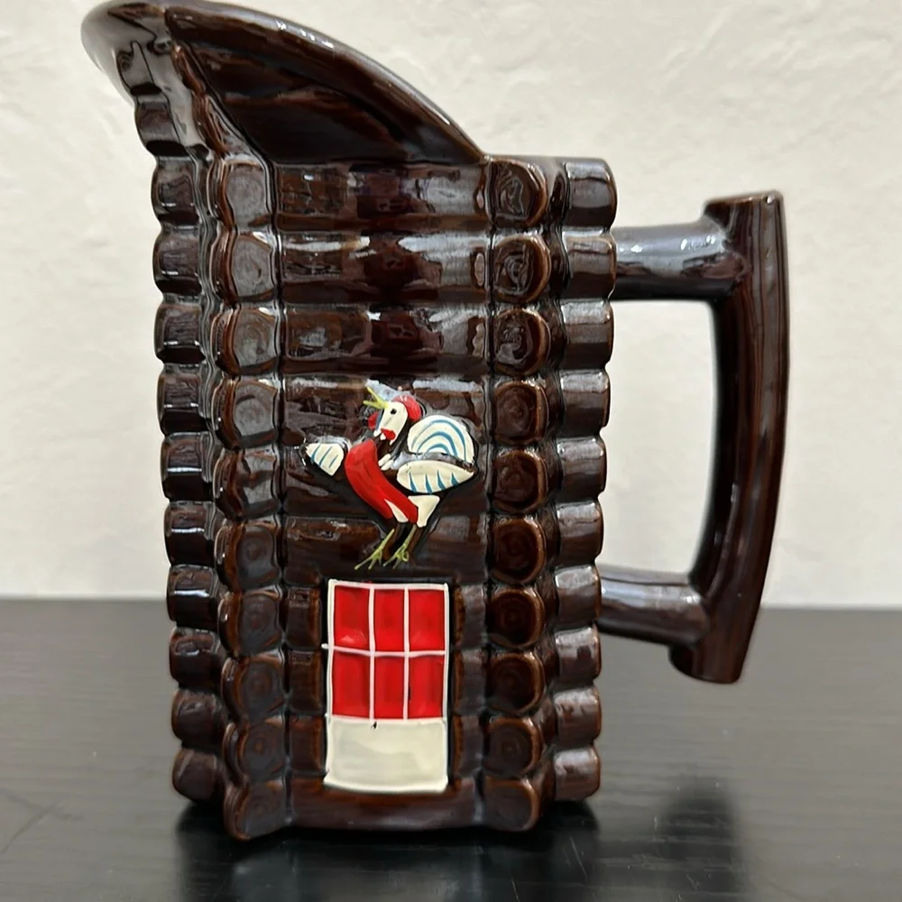 Brown Luster Ceramic Log Cabin Vintage Pitcher
